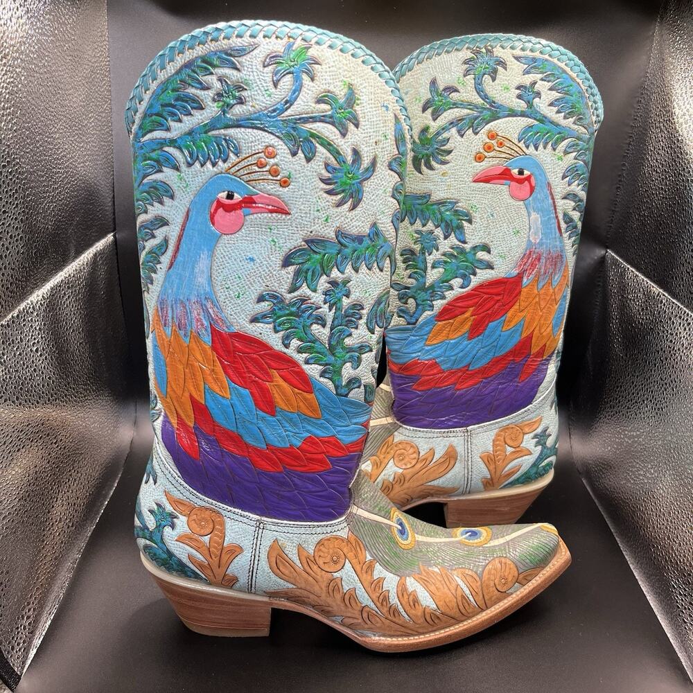 Carrie Cameron Peacock Boots Women's 8.5B Hand Tooled Painted Leather Western